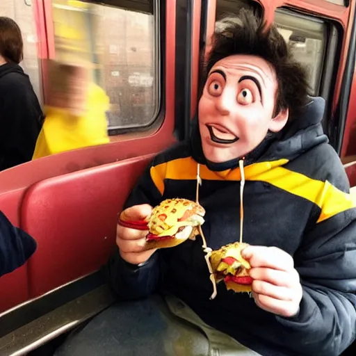 Prompt: troll face eating a burger in the train station, award winning
