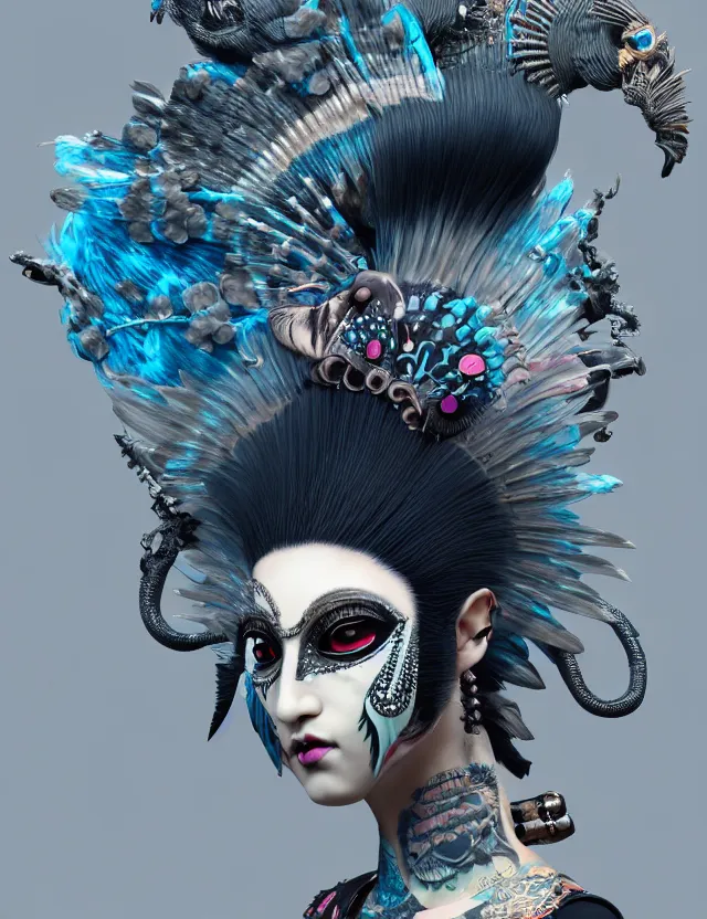 Image similar to 3 d goddess close - up profile portrait punk with mohawk with ram skull. beautiful intricately detailed japanese crow kitsune mask and clasical japanese kimono. betta fish, jellyfish phoenix, bio luminescent, plasma, ice, water, wind, creature, artwork by tooth wu and wlop and beeple and greg rutkowski