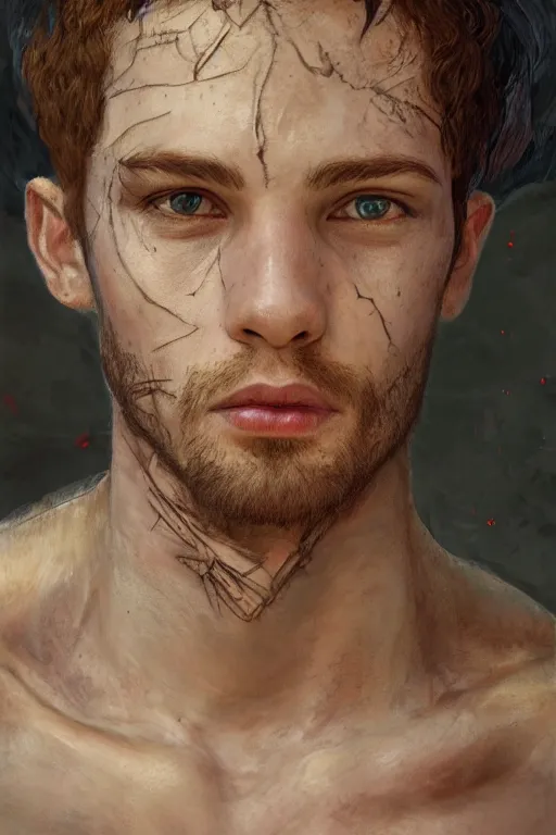 Prompt: portrait of beautiful young man, warhammer, a lot of scars, readhead, the future ages, highly detailed, artstation, illustration, art by gustav klimt, 8 k quality