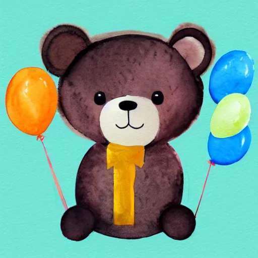 Image similar to watercolor cute animated bear holding birthday balloons, white background,