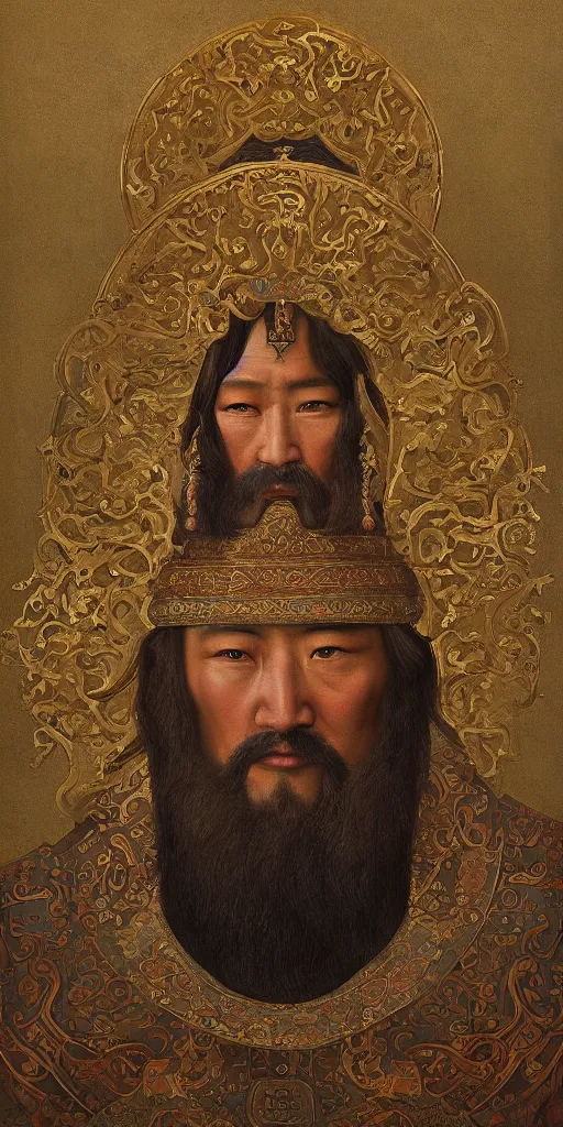 Image similar to a stunning and noble highly detailed romantic period style portrait of Genghis Khan by Josep Tapiró Baró, trending on artstation, oil painting masterpiece, symmetry, fractals, Mongolian iconography