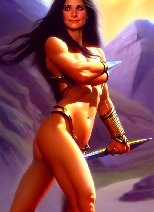 Prompt: portrait of young courtney cox as an amazon girl, full body, painted by stanley artgerm, boris vallejo, fantasy art, sleek curves, sharp focus, trending on artstation hq, deviantart