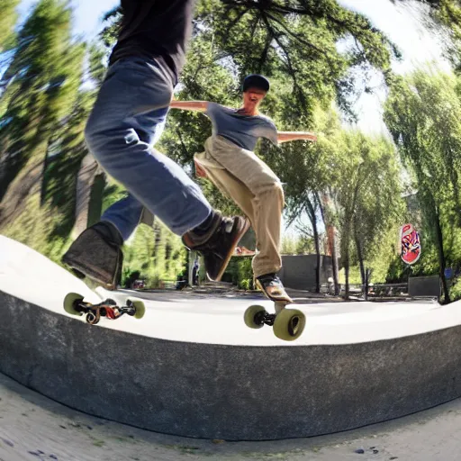 Prompt: abraham lincoln skateboarding, skate video, fisheye lens, 4 k