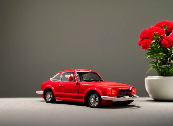 Image similar to a small miniature of a red Datsun 1200 on a white table near a book and a vase with a plant, 3d render, octane render, unreal engine 5, path tracing, serene landscape, calm, relaxing, beautiful landscape, highly detailed, high quality, 4k, symmetrical, low contrast