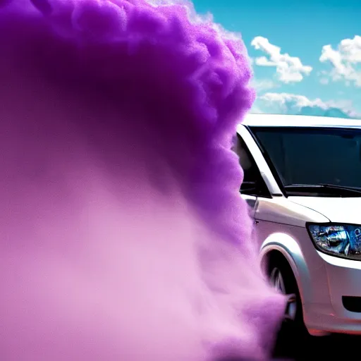 Prompt: white minivan driving away from a purple tornado