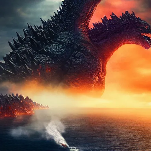 Image similar to godzilla, majestic, breathtaking, lightining in background, ultrafine hyperrealistic detailed illustration by kim jung gi, irakli nadar, intricate linework, sharp focus, bright colors, matte, film still from godzilla king of monsters, final fantasy, unreal engine highly rendered, 8 k, global illumination, radiant light, intricate environment