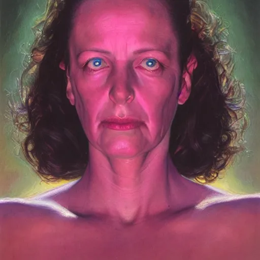 Prompt: portrait of a woman with eyes glowing magenta, and plasma hands magenta, by donato giancola.