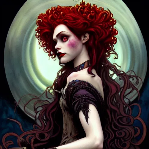 Prompt: a dark gothic version of Princess Merida, face, fantasy, intricate, elegant, highly detailed, digital painting, artstation, concept art, smooth, sharp focus, illustration, art by Gerald Brom and Jasmine Becket-Griffith and Fernanda Suarez and alphonse mucha