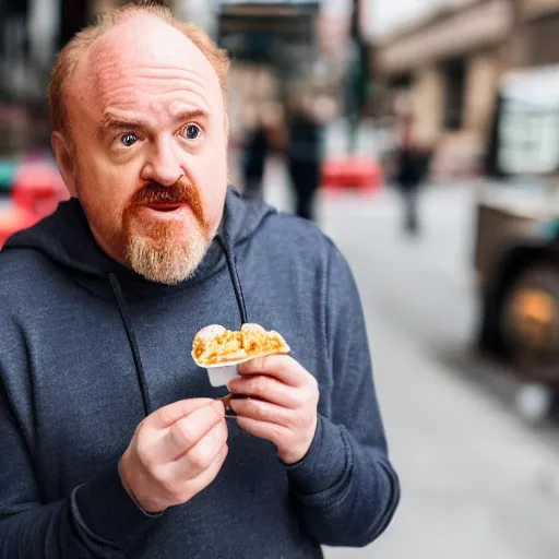 prompthunt: louis c k eating a cinnabon, xf iq 4, f / 1. 4, iso 2 0 0, 1 /  1 6 0 s, 8 k, raw, unedited, symmetrical balance, in - frame, sharpened