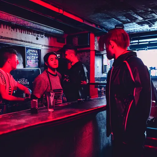 Image similar to photograph of retro techwear people loitering near the bar of a packed busy rundown nightclub, retrofuturism, brutalism, cyberpunk, sigma 85mm f/1.4, 35mm, 4k, depth of field, high resolution, 4k, 8k, hd, highly detailed, full color