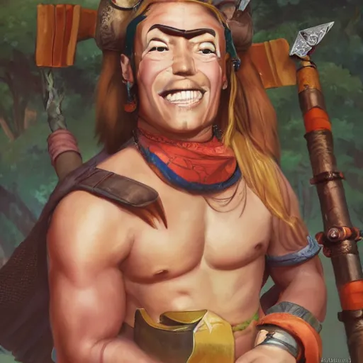 Image similar to a painted portrait of a cartoon character that has been brought to the real world, a a barbarian with a kind heart, the setting is a normal suburban backyard by huang guangjian and gil elvgren and sachin teng, 8 k,