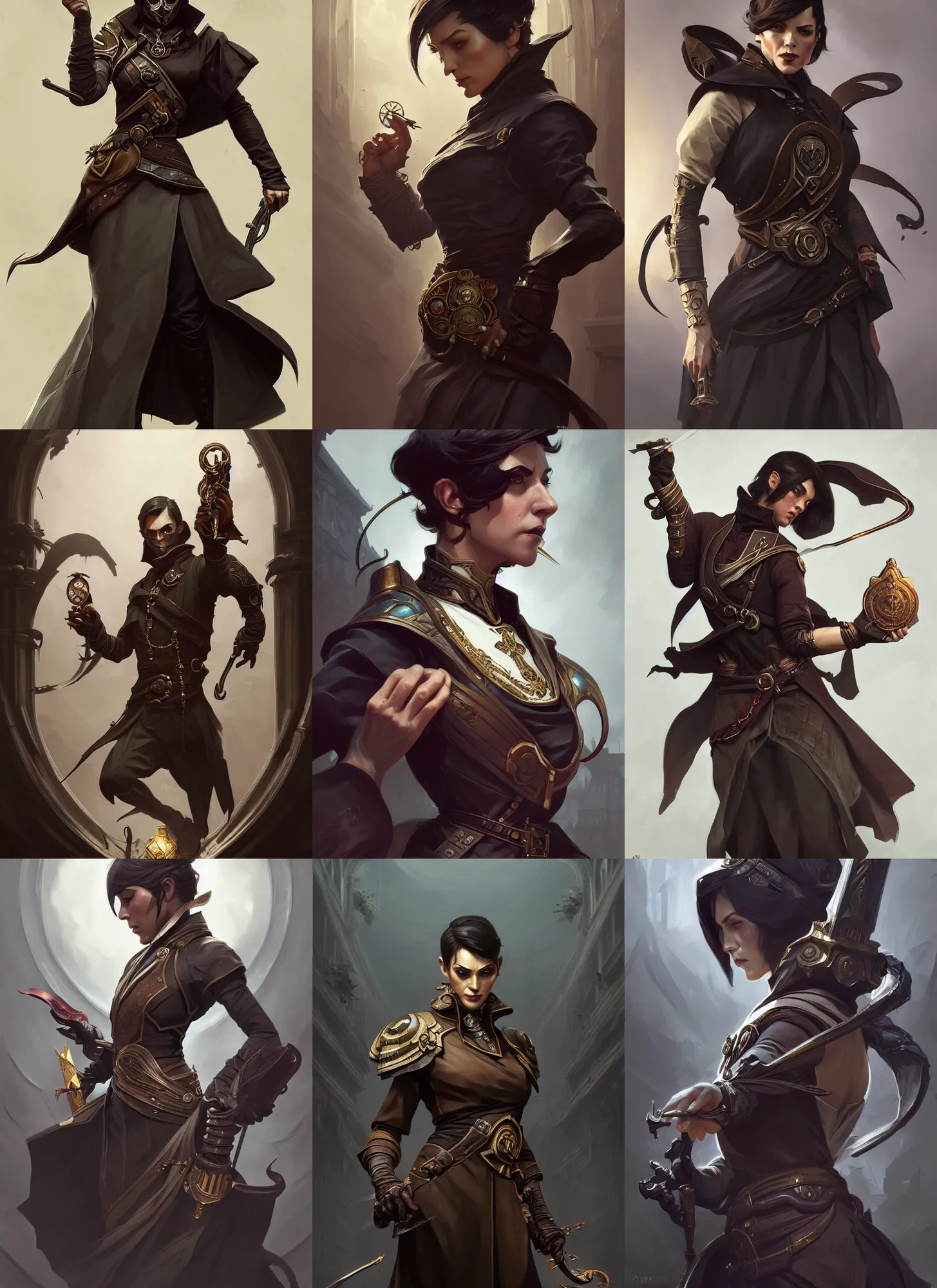 Prompt: characters from the game dishonored, d & d, fantasy, intricate, elegant, highly detailed, digital painting, artstation, concept art, matte, sharp focus, illustration, hearthstone, art by artgerm and greg rutkowski and alphonse mucha