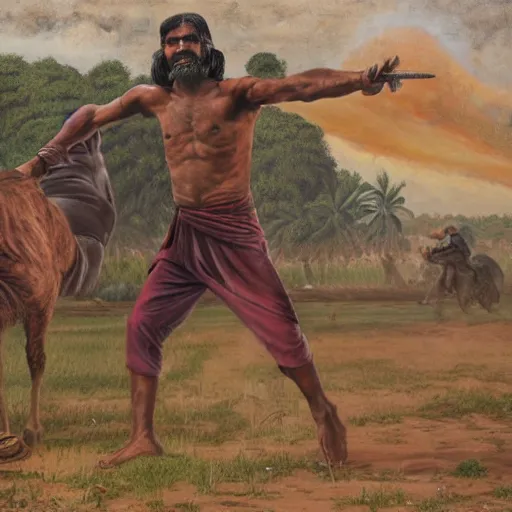 Image similar to portrait of head and body, single bangla farmer fighting on hoseback, hand to hand combat with machete, full body view, long flowing hair, fighting for his life, nebula aura surrounding subject, horseback combat attacker foreground, background of invading army, nestor canavarro hyperrealist art style, sharp outlines