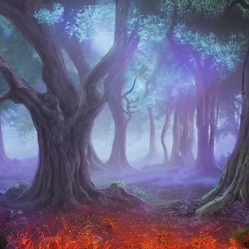 Prompt: a matte painting of an ancient elven wood. Faeries dancing arpund an old oak tree. Night scene lit by fireflies. Soft mist on the ground. Monstrous shadows on the background.