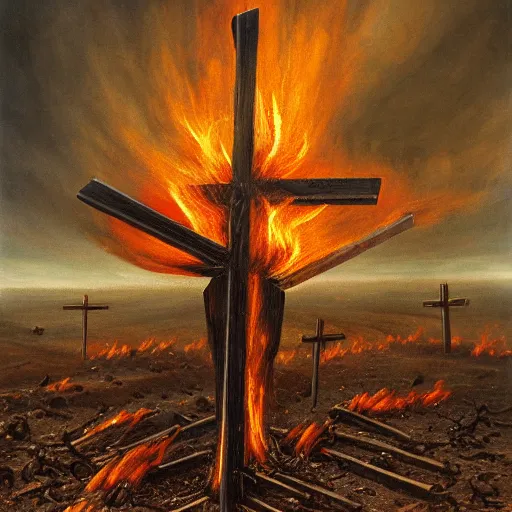 Prompt: burning crosses and bibles in an apocalyptic landscape, fields of embers, hyper realism, painted by giger, 4 k, high resolution, macabre