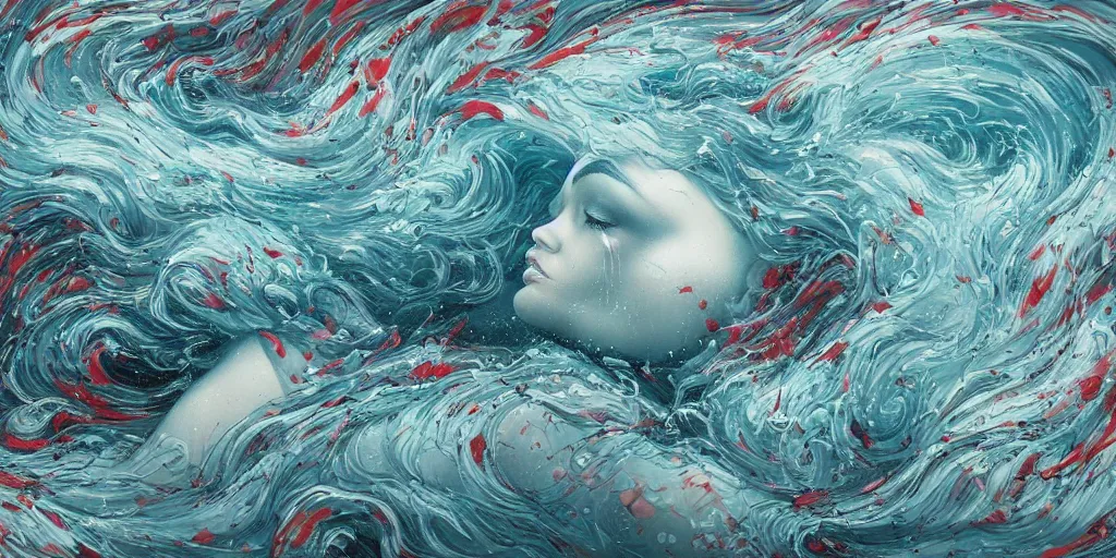 Prompt: an elegant angel surfacing out of the sea, thunderstorm, art by james jean, graffiti, liquid, splatter paint