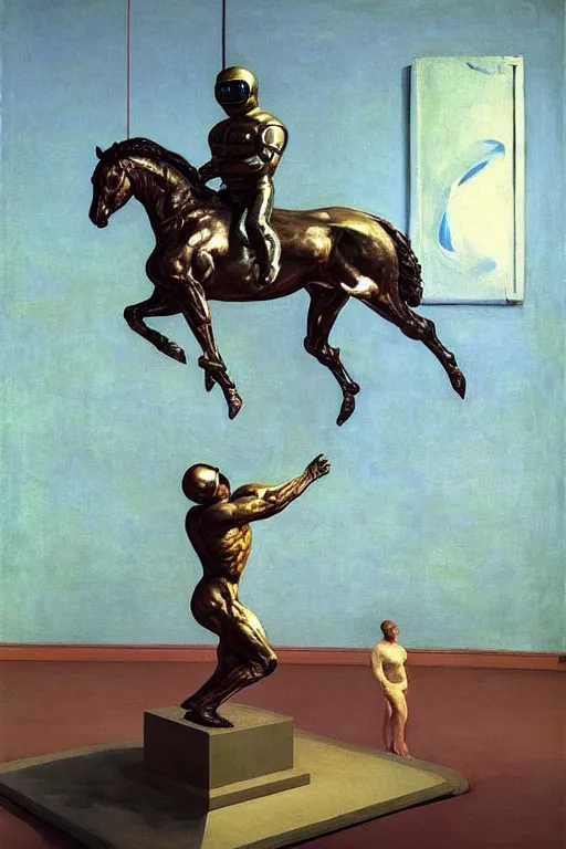 Image similar to bodybuilder in an astronaut helmet lifts a statue of a horse, highly detailed painting by francis bacon, edward hopper, adrian ghenie, gerhard richter, and james jean soft light 4 k,