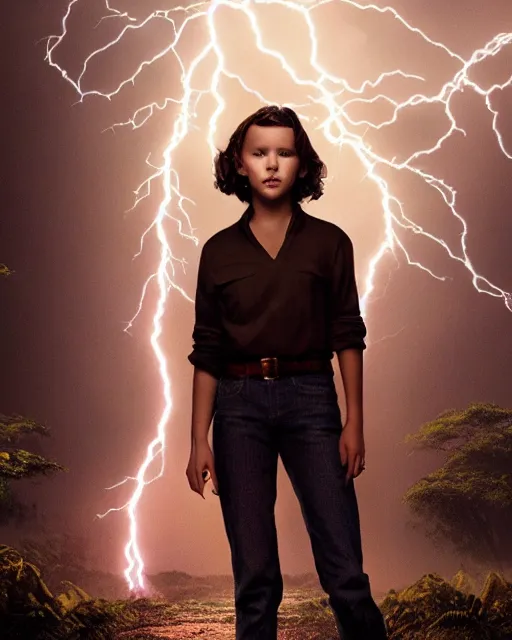 Image similar to Portrait of Millie Bobby Brown in a jungle of lightning