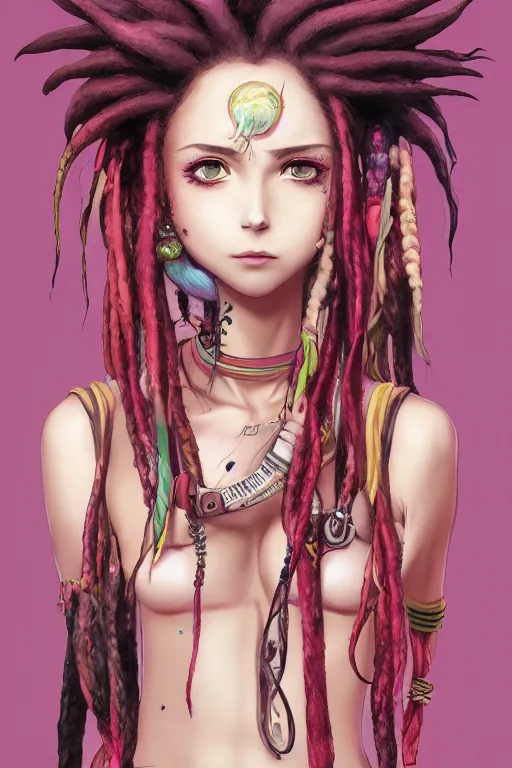 Image similar to portrait of an anime manga hippie girl with pink and brown dreads, straight on portrait, by artgerm, james jean, tom bagshaw, gerald brom, vaporwave colors, lofi colors, vaporwave, lofi, goth vibe, 4 k, smooth, hd, substance designer render, symmetrical,