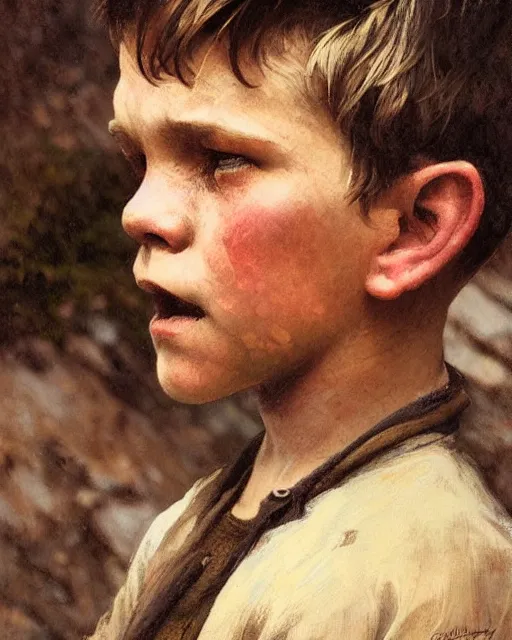 Prompt: side portrait of an Appalachian boy playing with dusty detailed features, dirt, prohibition era, Appalachian mountains, sharp focus, illustration, highly detailed, oil painting, matte, art by Greg Rutkowski and Alphonse Mucha, masterpiece