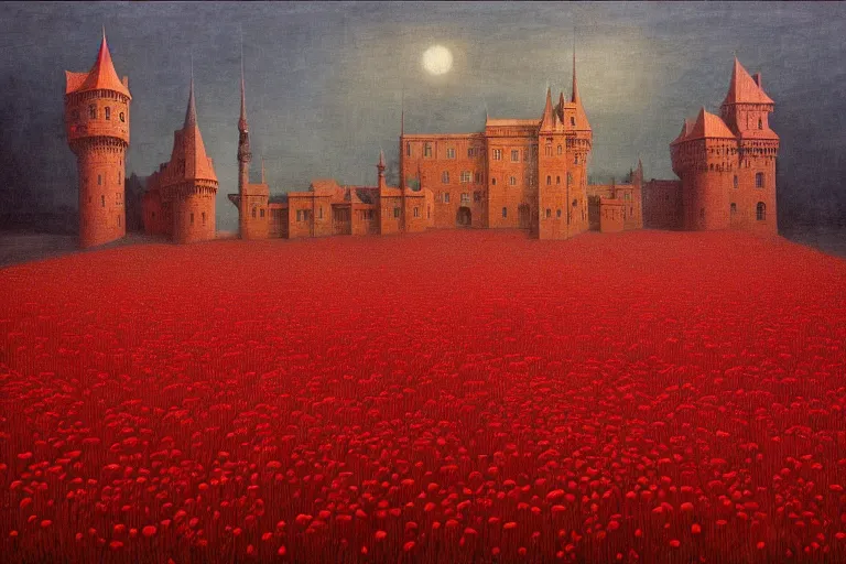 Image similar to only with red, red flowers of different types, a red tiger, a castle in the background, medieval demons dance over the flowers, an ancient path, in the style of beksinski, part by hopper, part by rodcenko, part by hofbauer, intricate composition, red by caravaggio, insanely quality, highly detailed, masterpiece, red light, artstation