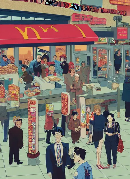 Image similar to Twin Peaks art, of Goku standing in line at McDonalds wanting to order a Big Mac, poster artwork by Tomer Hanuka, Sam Weber, Laurent Durieux, Katherine Lam from scene from Twin Peaks, from scene from Twin Peaks, clean, New Yorker magazine cover
