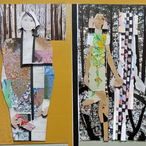 Image similar to paper collage art made of cut up magazines depicting two women holding hands in a forest