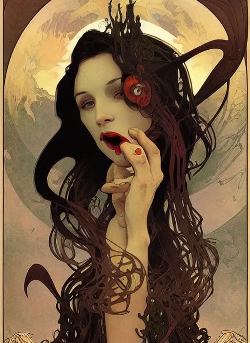 Image similar to portrait of a vampire!!!! with a sea lamprey!!!! mouth!!!, in the styles of ( national geographic ), alphonse mucha, peter mohrbacher, gerald brom, and marc simonetti, intricate, hyperrealistic, volumetric lighting