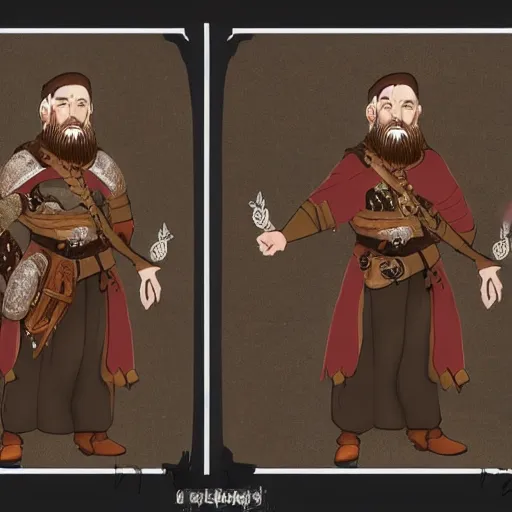 Image similar to 5 0 years old man, tall : : brown hair, stubble beard : : decorated medieval clothing : : high detail, digital art, rpg, concept art, illustration