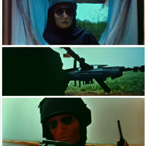 Image similar to film still, extreme far view, hillary clinton vietnam door gunner, film still from apocalypse now ( 1 9 7 9 ), 2 6 mm, kodak ektachrome, blue tint expired film