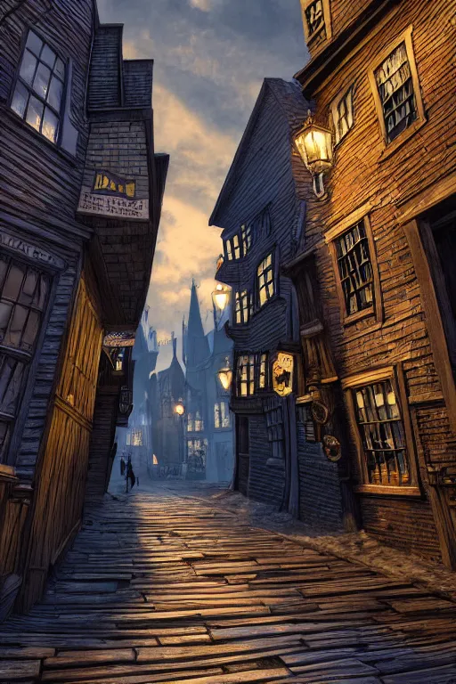 Image similar to a beautiful woodcut print of diagon alley, 8 k, frostbite 3 engine, cryengine, dof, trending on artstation, digital art, crepuscular ray, art by fossi _ images and tugboat printshop