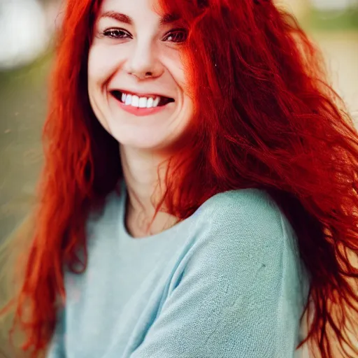 Prompt: a smiling woman with red hair, green eyes, dimples, and rosy cheeks