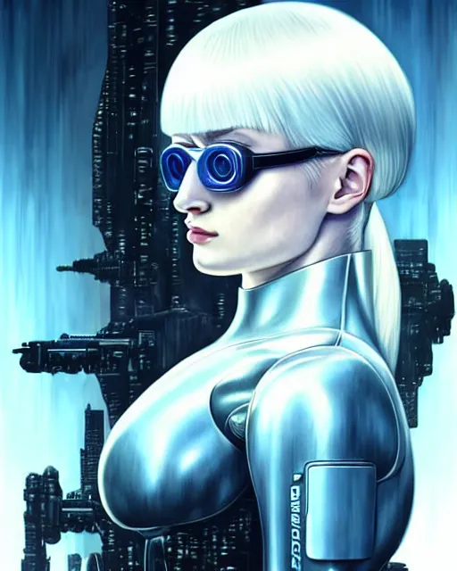 Image similar to white haired cyborg sophie turner wears xenomorph gas mask, fine detail!! anime!! realistic shaded lighting!! poster by ilya kuvshinov katsuhiro otomo ghost in the shell, rutkowski giger villeneuve artgerm garmash and rob rey