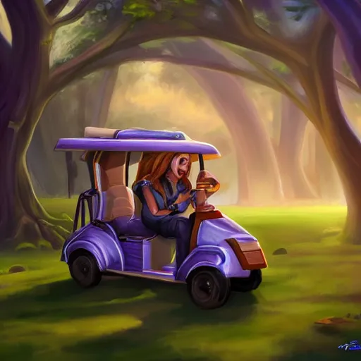 Image similar to Jaina proudmoore, painting, high resolution, 4k, artstation, driving a golf cart