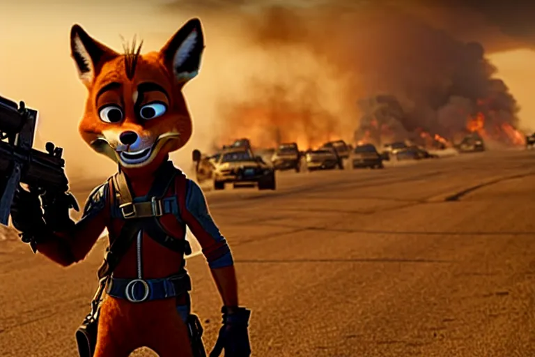 Image similar to nick wilde, heavily armed and armored facing down armageddon in a dark and gritty reboot from the makers of mad max : fury road : witness me