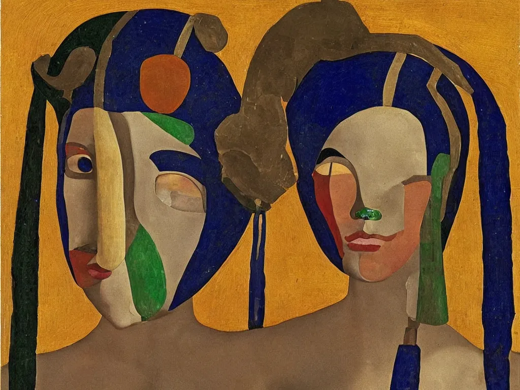 Image similar to portrait of a woman head with african mask. lapis lazuli, malachite, obsidian, gold. painting by piero della francesca, balthus, agnes pelton