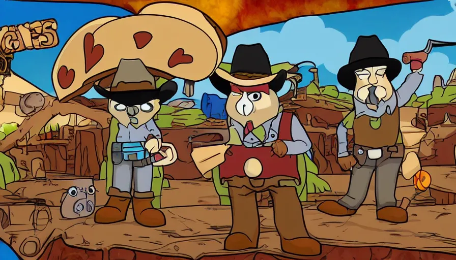 Image similar to 2000s cartoon show screenshot about a gunslinging owl from the wild west, wearing a cowboy hat an eye mask, standing in an old west town the animated show, in the style of cowboys of moo mesa