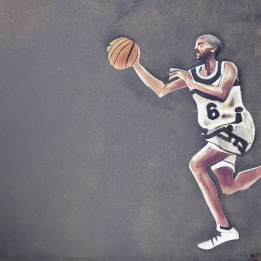 Prompt: Ancient cave painting of a basketball player, photo