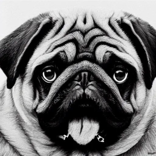 Image similar to a gigachad pug, black and white, intricate, masterpiece, stunning, oil painting