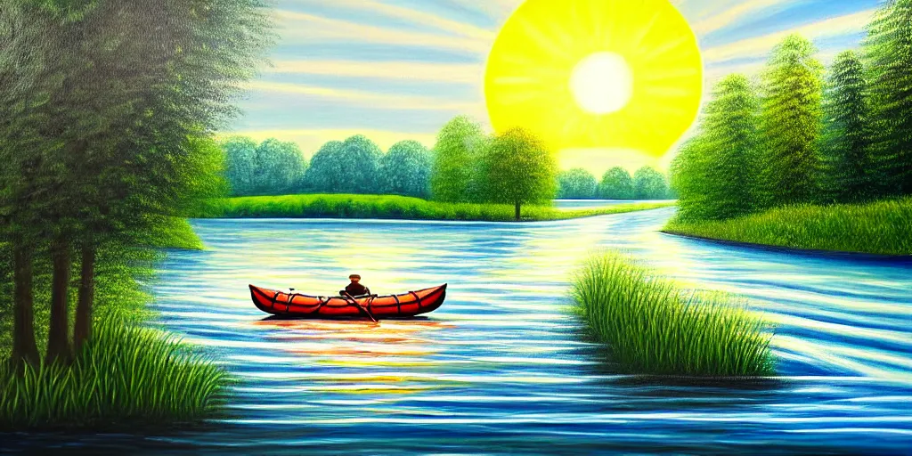 Image similar to A very detailed painting featuring a river in Europe surrounded by trees and fields. A rubber dinghy is slowly moving through the water. Sun is shining. minimalist painting