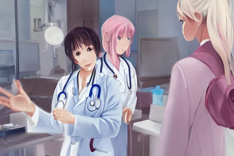 Image similar to a cute and beautiful young female doctor wearing white coat are talking with a nurse wearing pink coat in a hospital ward, highly detailed, digital painting, slice of life anime, illustration, anime scenery by Makoto shinkai