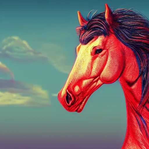 Prompt: digital horse, retrowave palette, highly detailed, anatomically correct equine, synth feel, smooth face, ear floof, flowing mane, no reins, detailed snout, super realism, accurate animal imagery, 4 k digital art