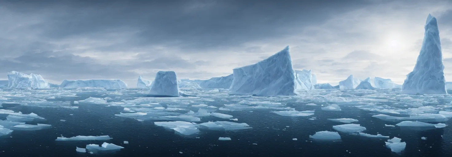 Prompt: A large ship sailing in the mother Arctic, with the ice floe cracking and icebergs surrounding it, cinematic lighting, extremely detailed, ultra realistic, trending on artstation, 8K