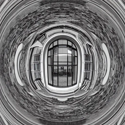 Prompt: architectural rendering of non-euclidean geometry hyberbolic fisheye street corner, surreal grunge