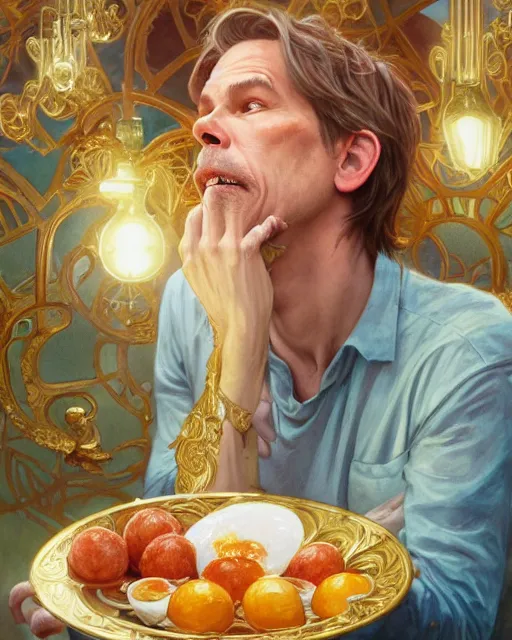 Prompt: kevin bacon eating fried eggs, highly detailed, gold filigree, romantic storybook fantasy, soft cinematic lighting, award, disney concept art watercolor illustration by mandy jurgens and alphonse mucha and alena aenami, pastel color palette, featured on artstation