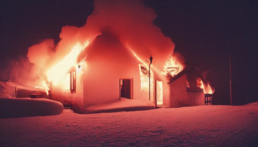 Image similar to 1 9 7 0 s movie still of a burning french style little house in a small northern french village by night in winter, cinestill 8 0 0 t 3 5 mm, heavy grain, high quality, high detail, dramatic light, anamorphic, flares