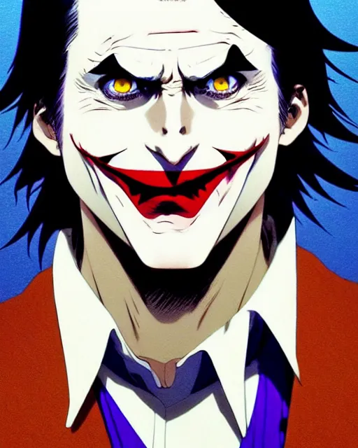 Image similar to anime as christian bale playing the joker | | cute - fine - face, pretty face, realistic shaded perfect face, fine details. anime. realistic shaded lighting poster by ilya kuvshinov katsuhiro otomo ghost - in - the - shell, magali villeneuve, artgerm, jeremy lipkin and michael garmash and rob rey as the joker in gotham city cute smile