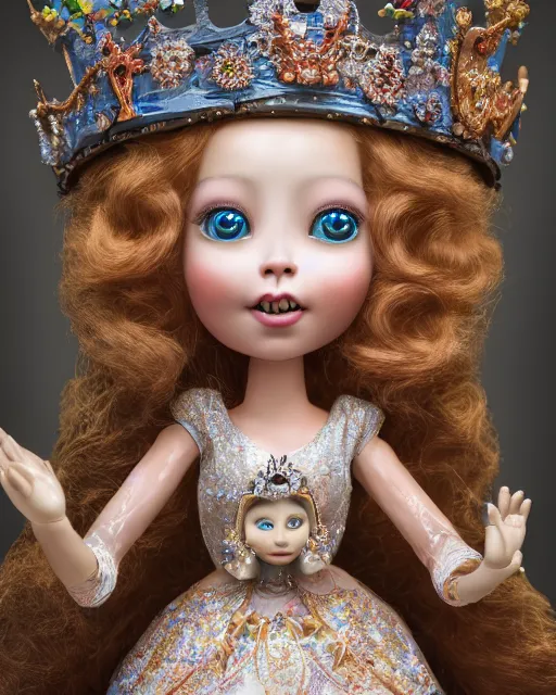 Image similar to highly detailed closeup, face profile portrait of a tin toy fairytale princess wearing a crown and sitting on a throne, bikini, depth of field, fashion photoshoot by nicoletta ceccoli, mark ryden, lostfish, dan decarlo, bob clampett, max fleischer, breathtaking, detailed and intricate environment, 8 k resolution, hyperrealistic, octane render