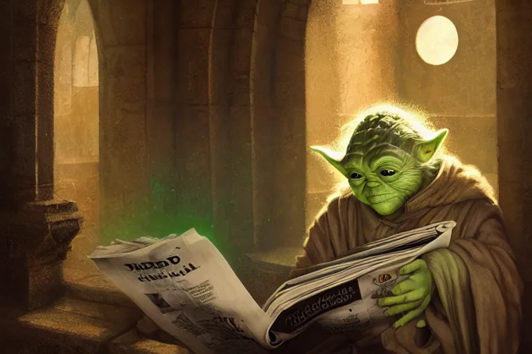 Prompt: a beautiful ultradetailed photo of yoda reading a newspaper in a monastery, by tom bagshaw and anna dittman, backlight, 3 5 mm lens, closeup shot, bokeh, golden ratio composition, sunset golden hour hues, very detailed, artstation, 8 k, highly coherent