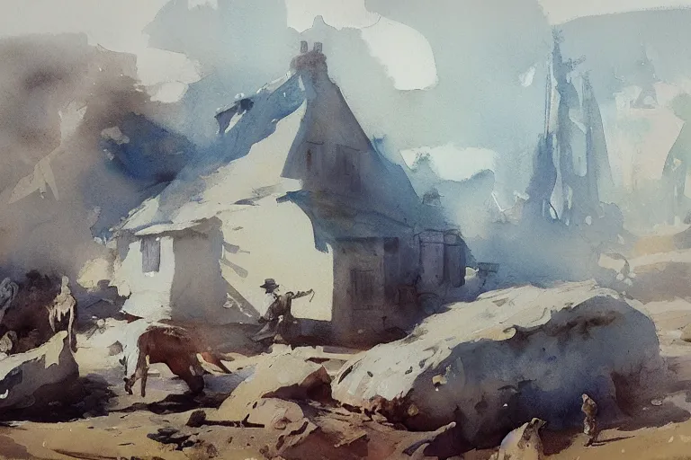 Prompt: small centered on white watercolor paper, paint brush strokes, abstract watercolor painting of prehistoric settlement, midday sharp light, dust, cinematic light, american romanticism by hans dahl, by jesper ejsing, by anders zorn, by greg rutkowski, by greg manchess, by tyler edlin